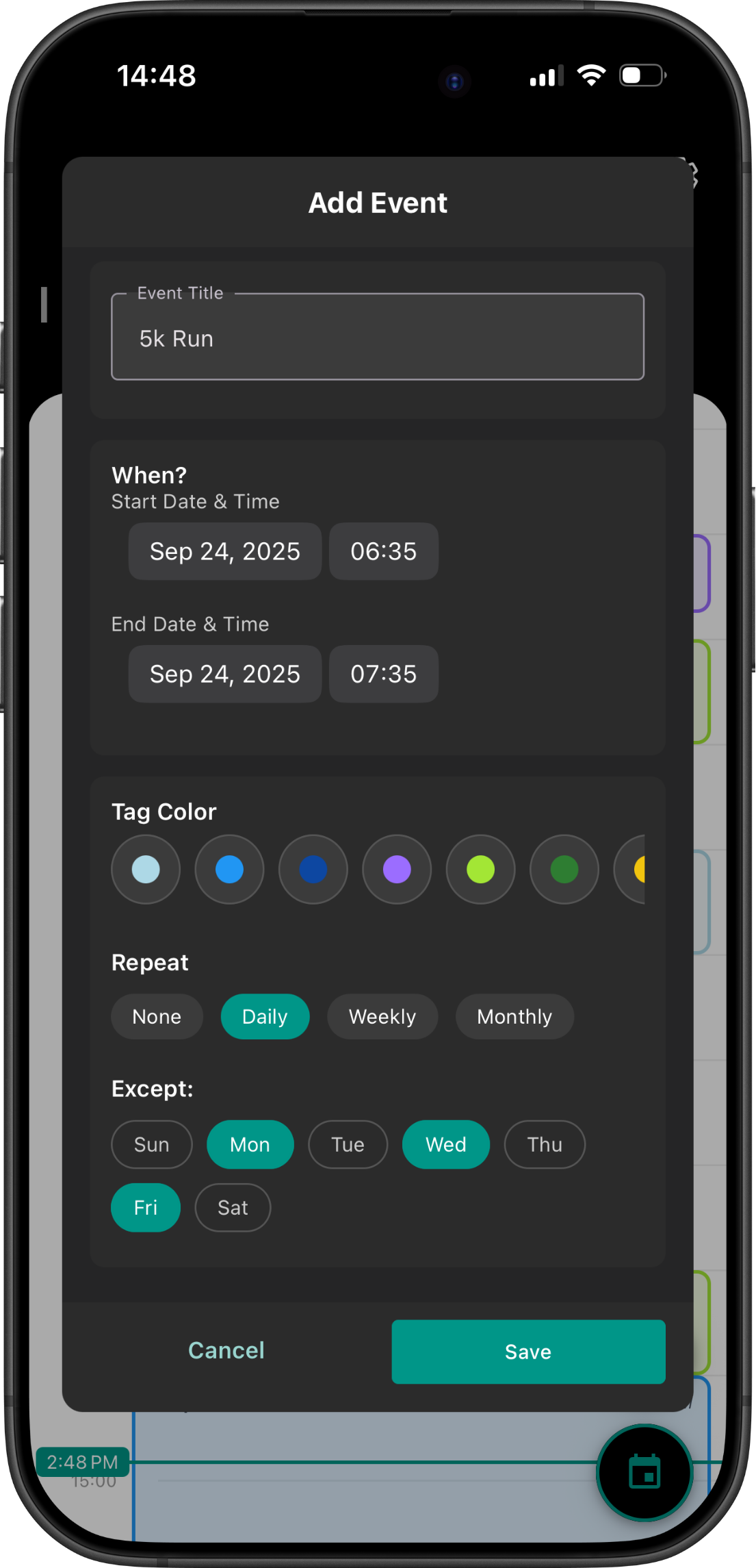 Add Event modal with colors and repeat options